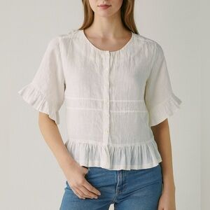 TROVATA BIRDS OF PARADISE Linen blend Button Front Ruffle Hem Blouse medium